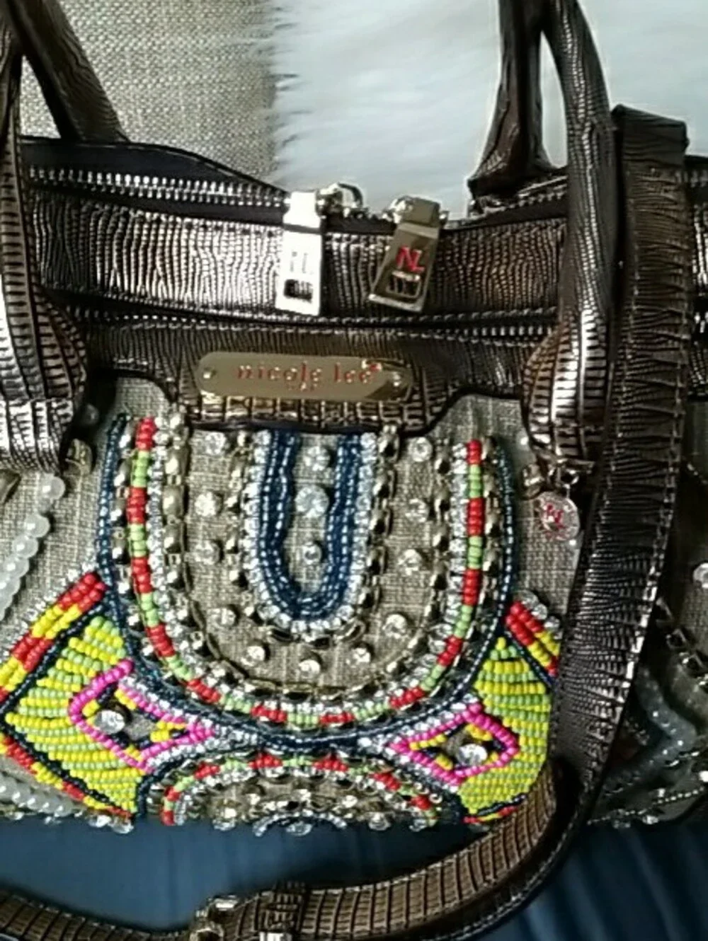 Nicole Lee Metallic Brown Satchel with Multicolor Beadwork